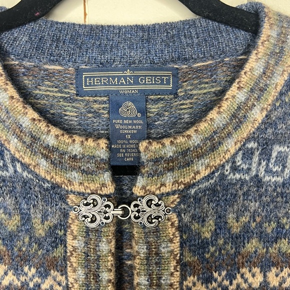 Vintage Fair Isle Sweater Silver Hardware Clasps 100% Wool 1X - Picture 5 of 5